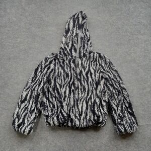 Splendid Jacket Girls 5-6 Black White‎ Faux Fur Hooded Zip Fuzzy Animal Print